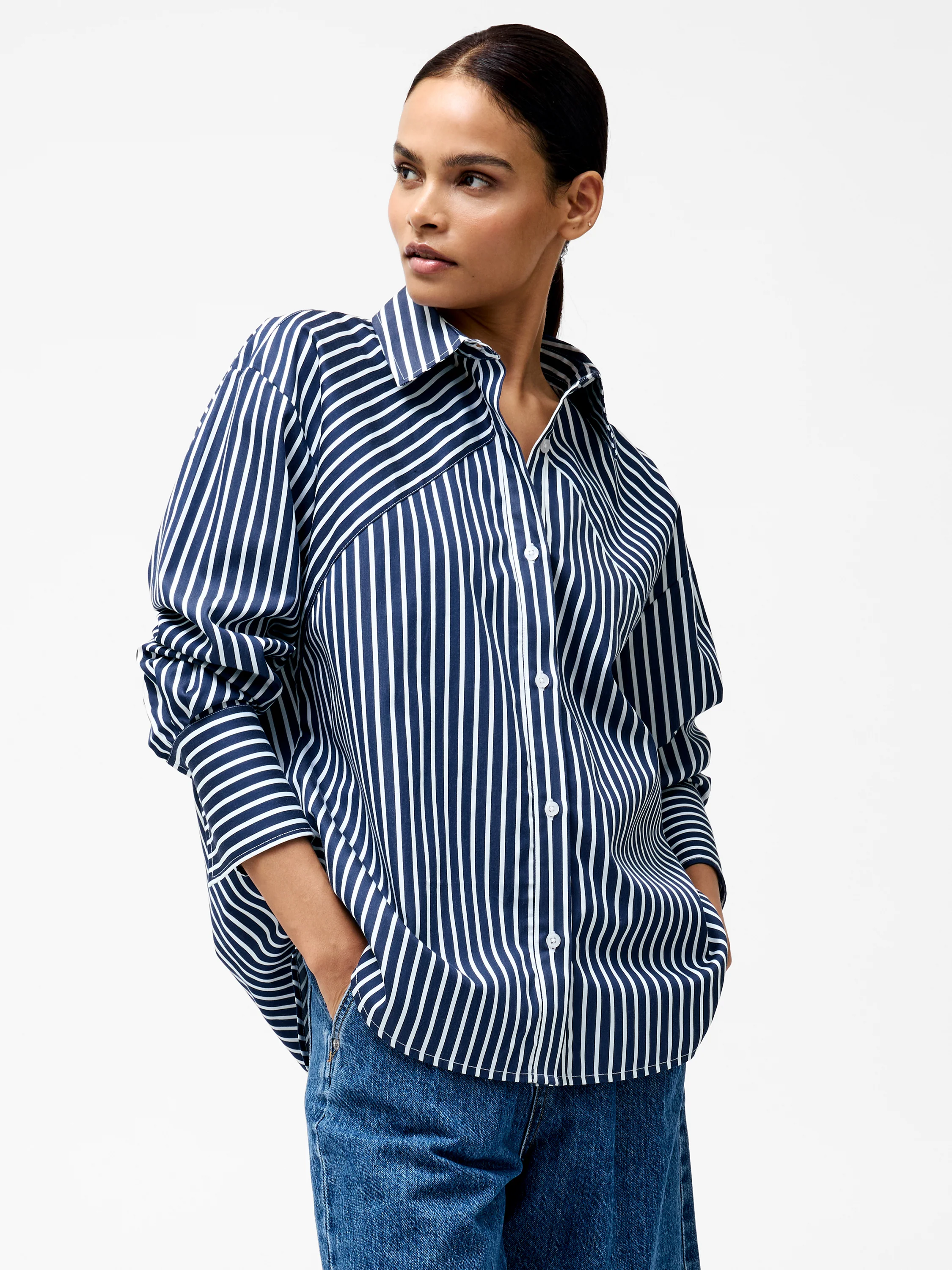 Alexis Cotton Angled Yoke Striped Shirt
