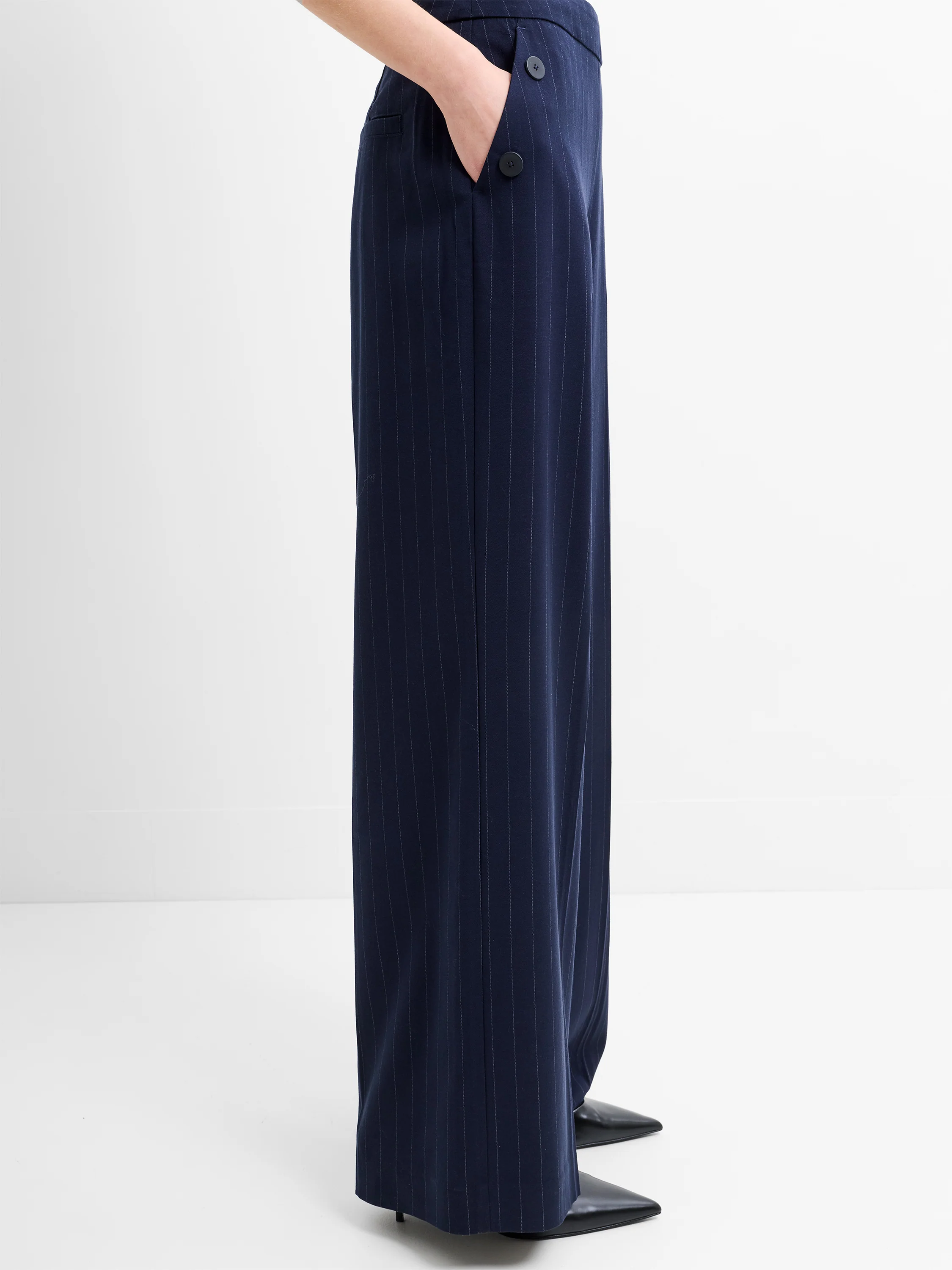 Alia Pinstripe Button Detail Wide Leg Trousers - Image 4