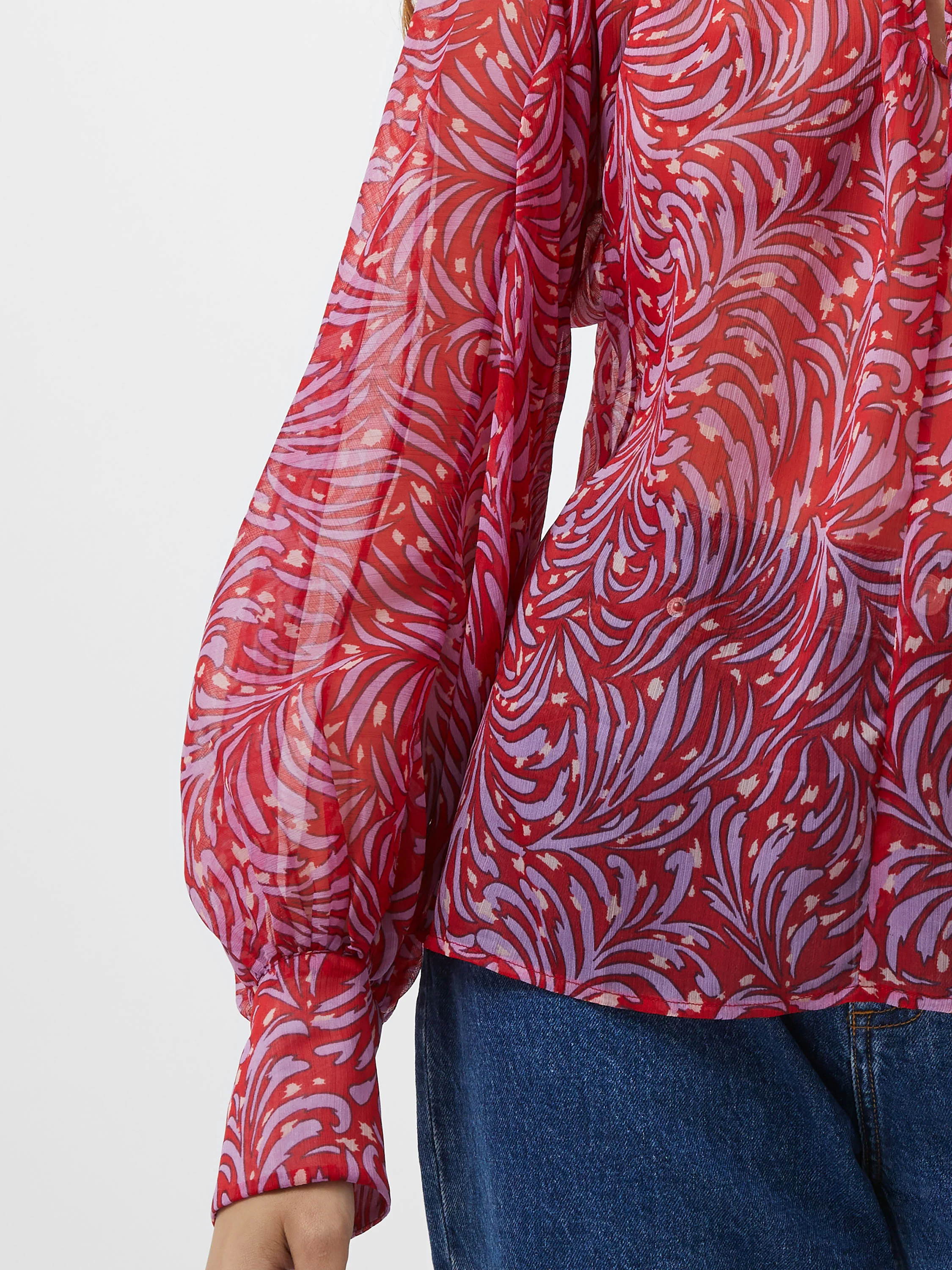 Printed Chiffon Keyhole Long Sleeve Top - Image 5