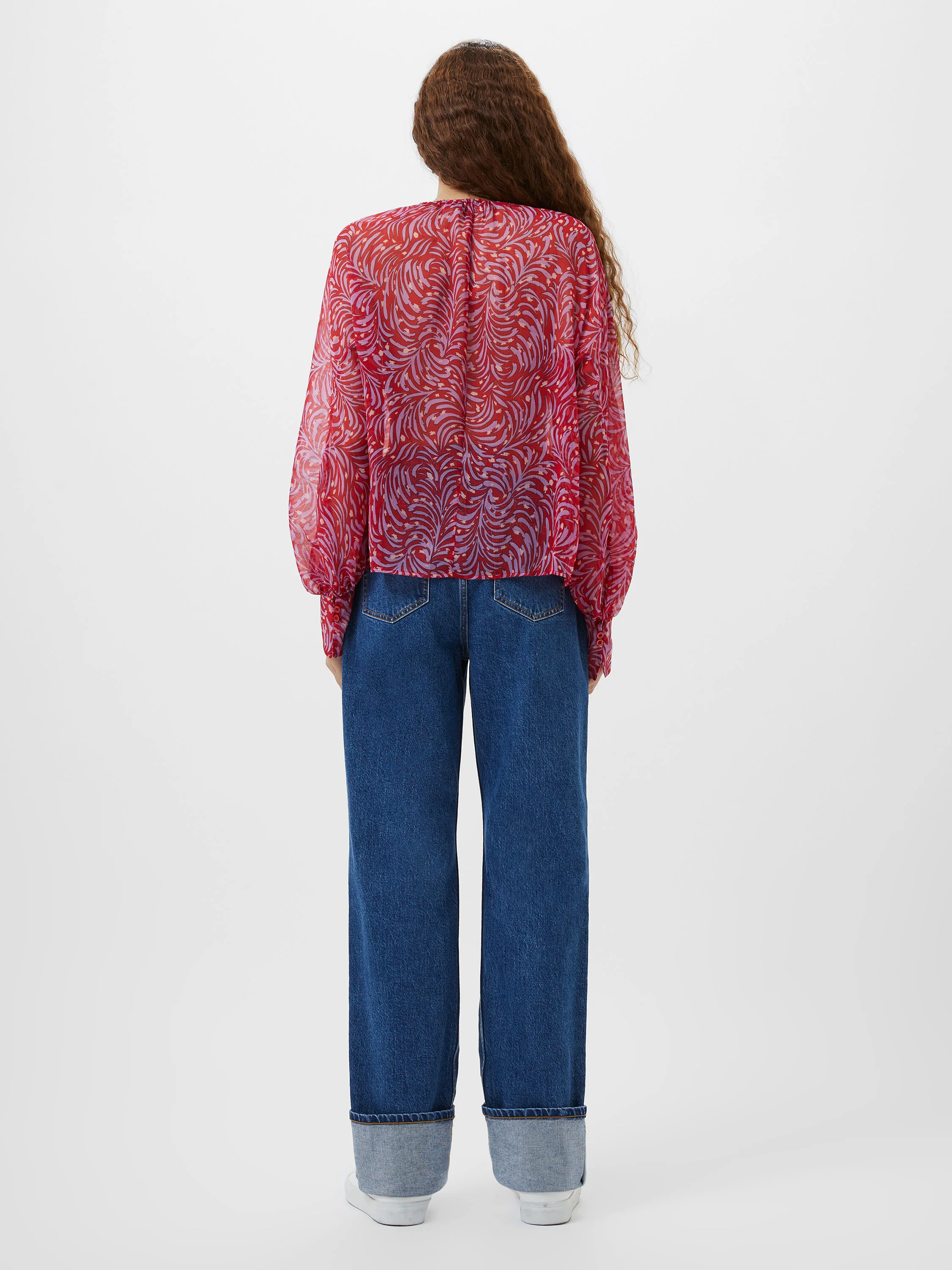 Printed Chiffon Keyhole Long Sleeve Top - Image 6
