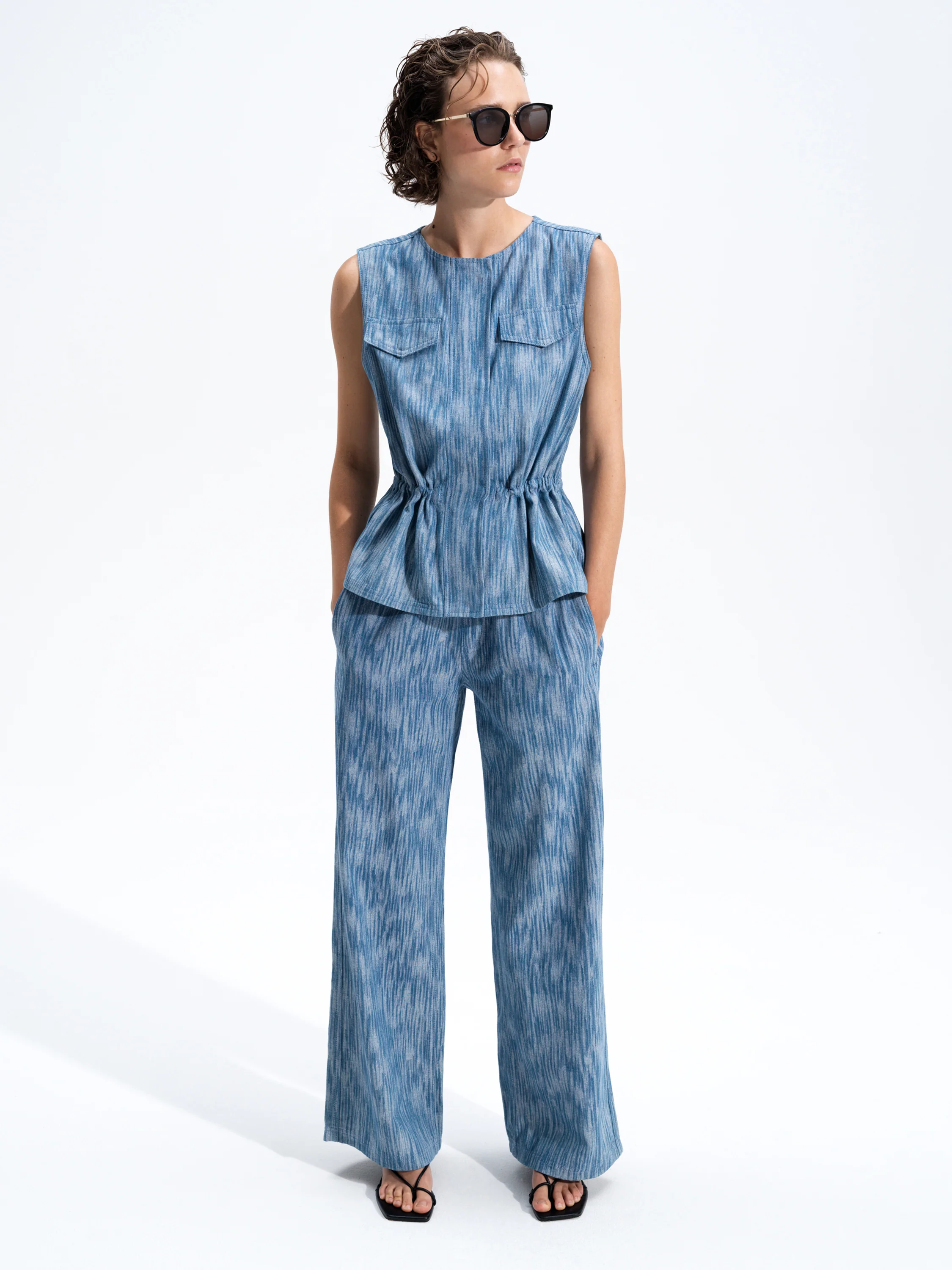 Bessie Textured Denim Wide Leg Trousers