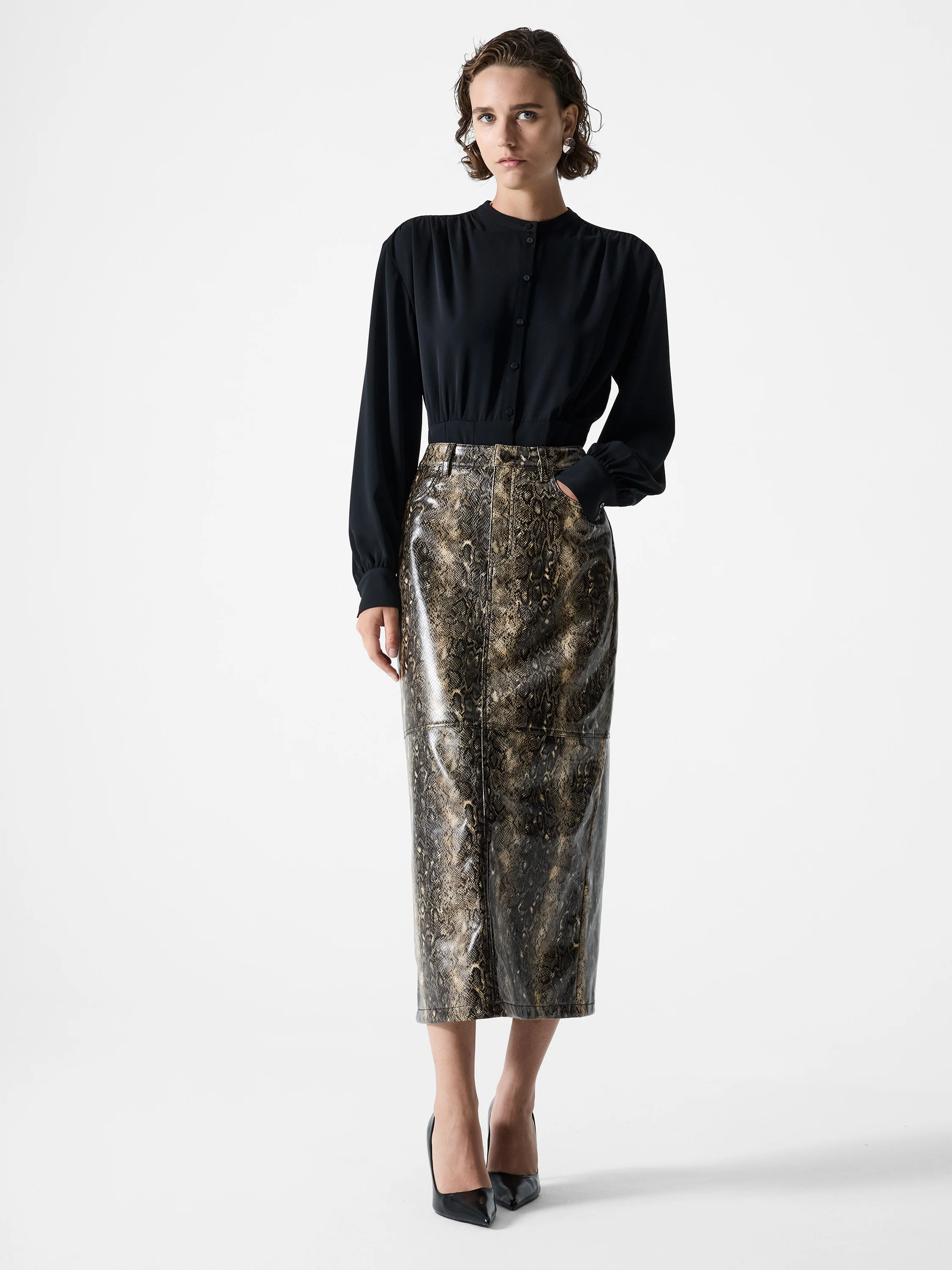 Brandy Snakeskin PU Midi Skirt - Image 3