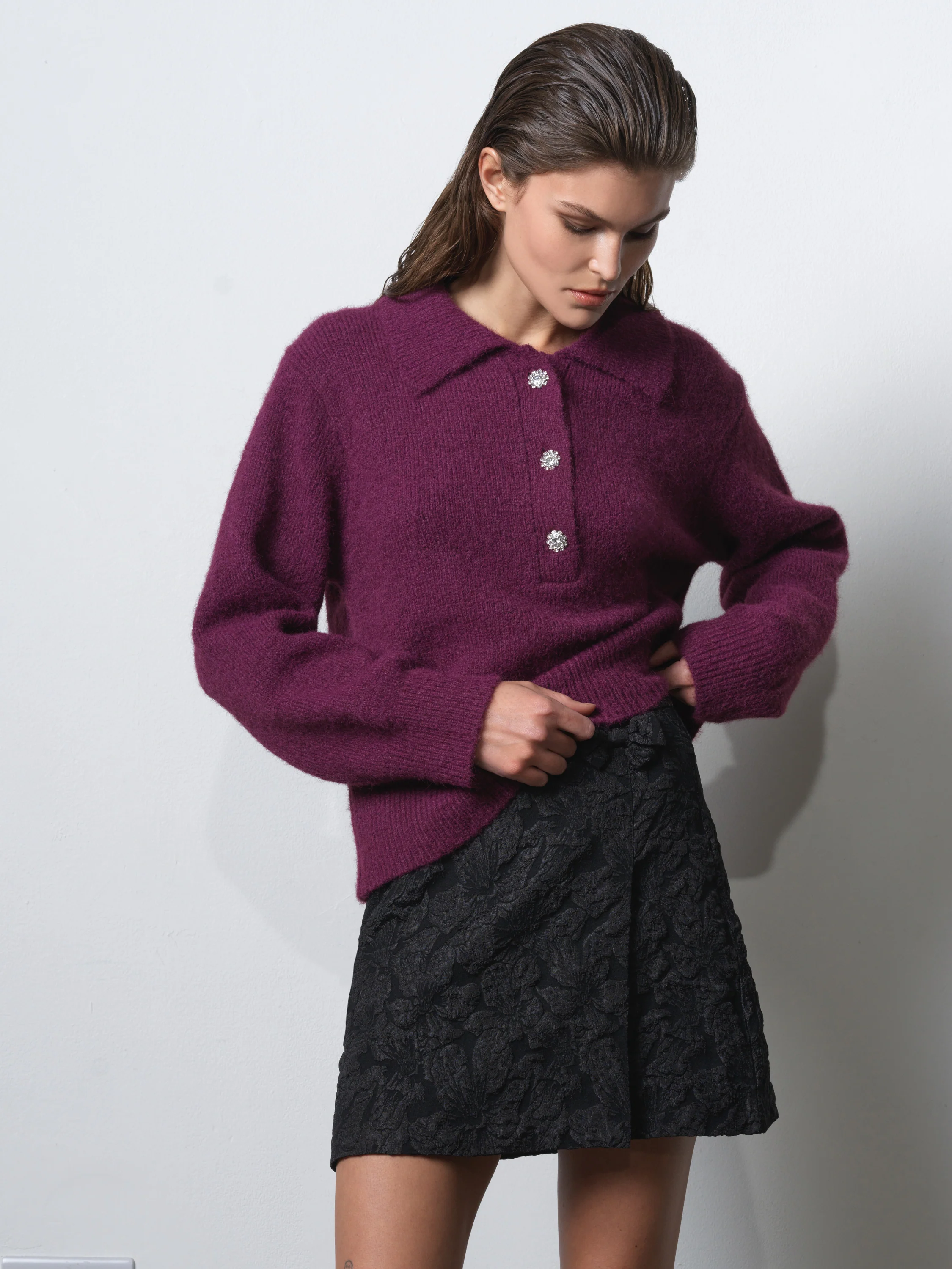 Colleen Polo Collar Diamante Button Jumper - Image 4