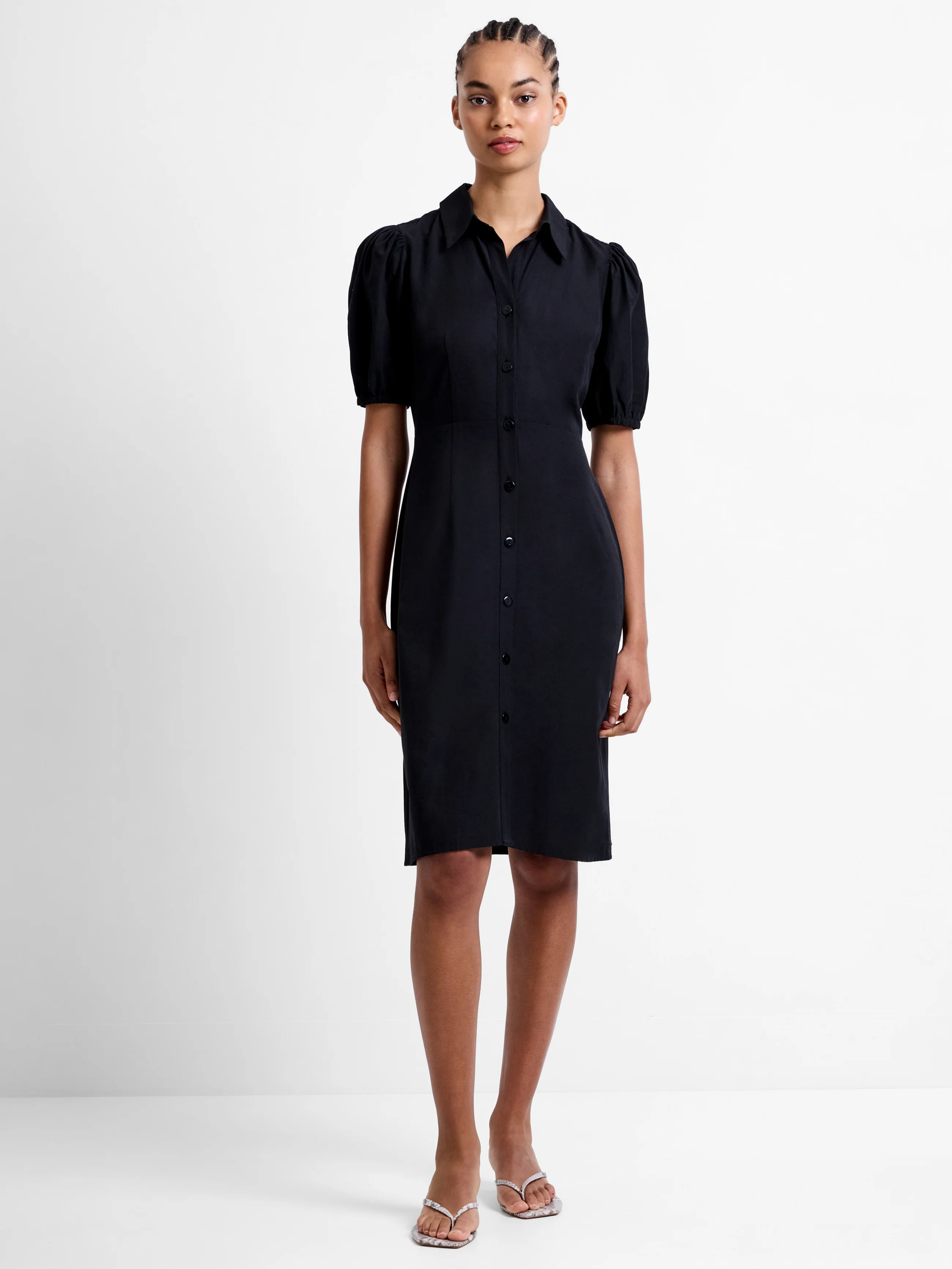 Cotton Poplin Puff Sleeve Button Up Dress - Image 2