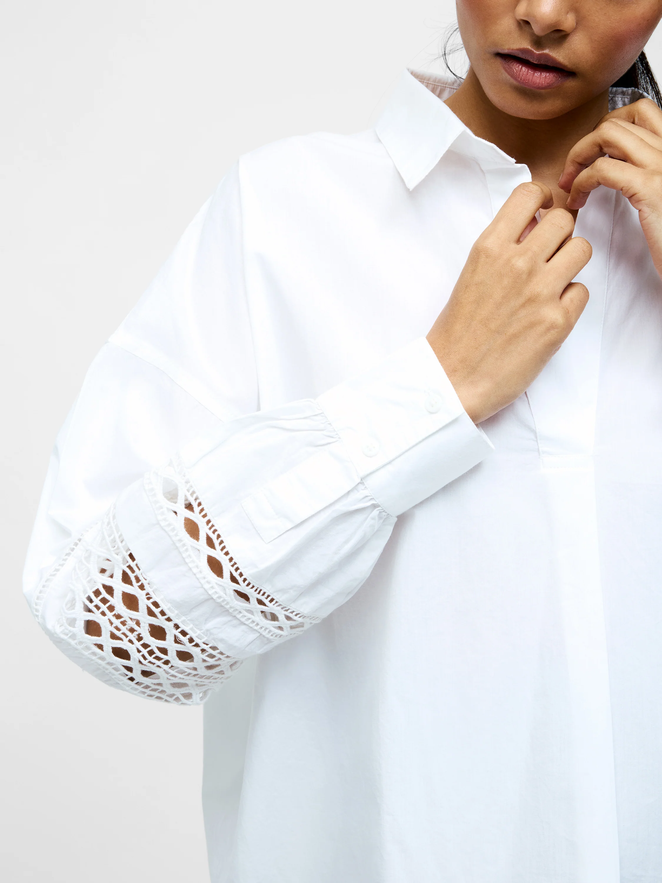 Crochet Trim Poplin Long Sleeve Popover Shirt - Image 3