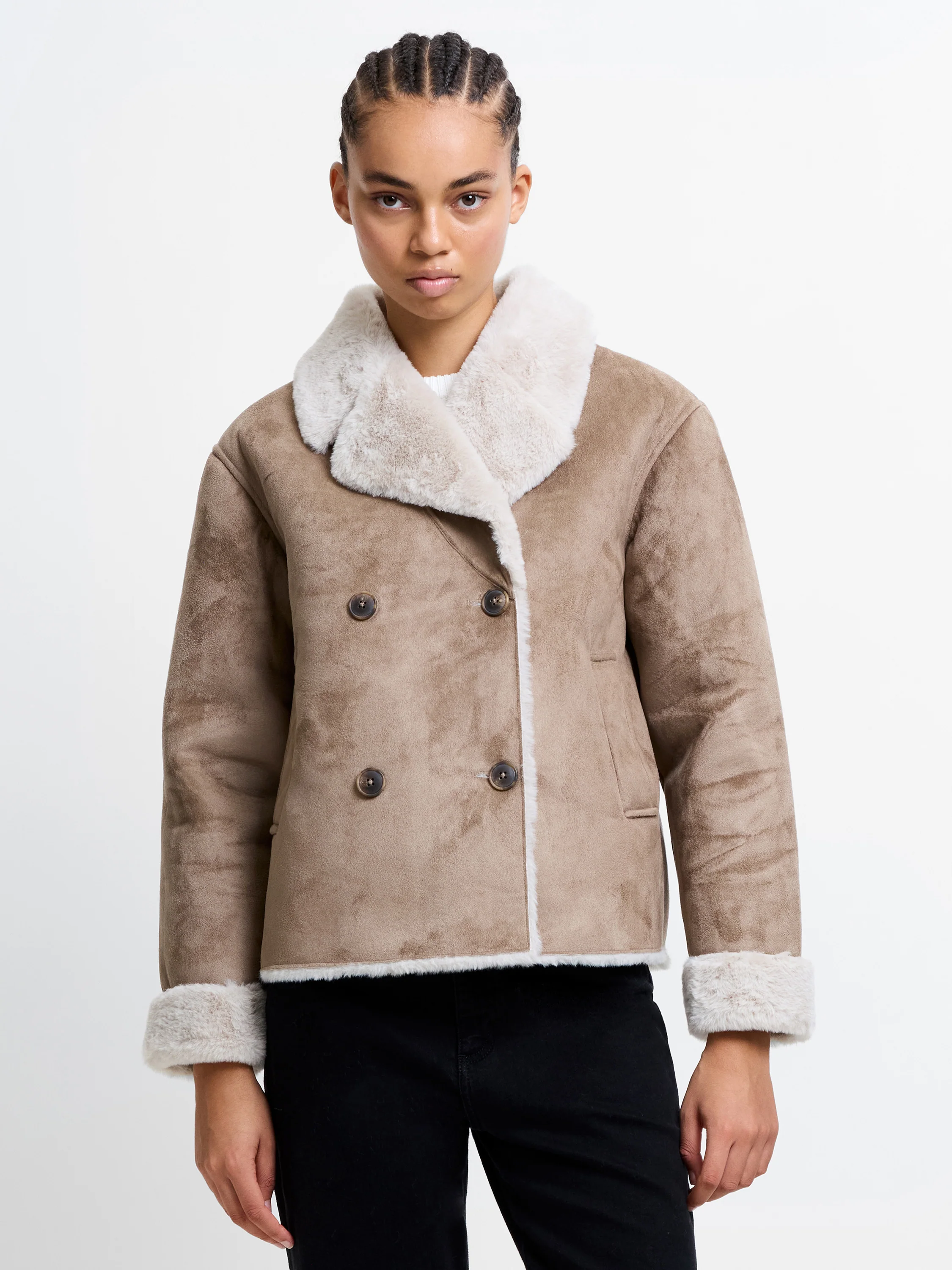 Faux Suede Double Breasted Coat