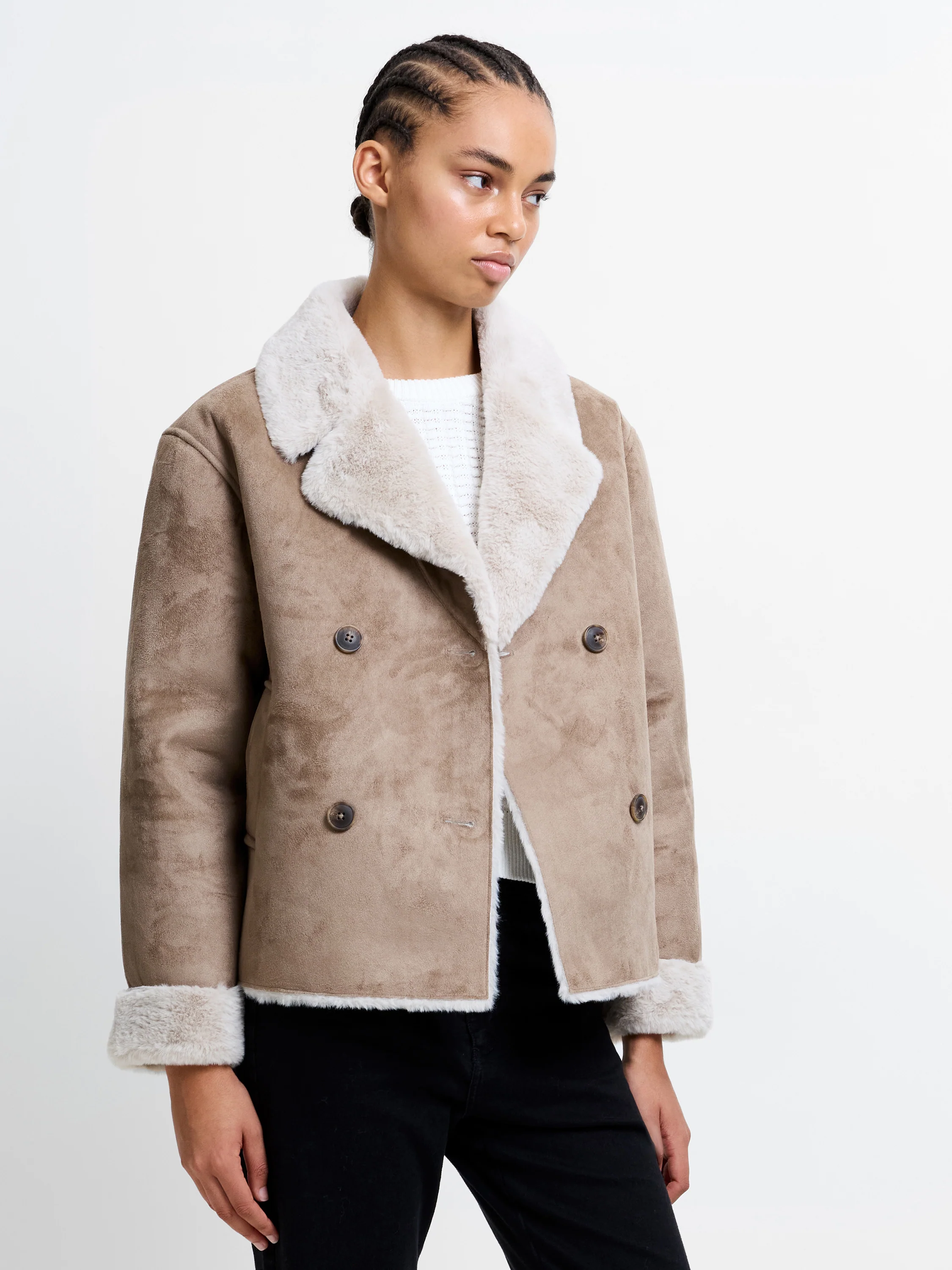 Faux Suede Double Breasted Coat - Image 3