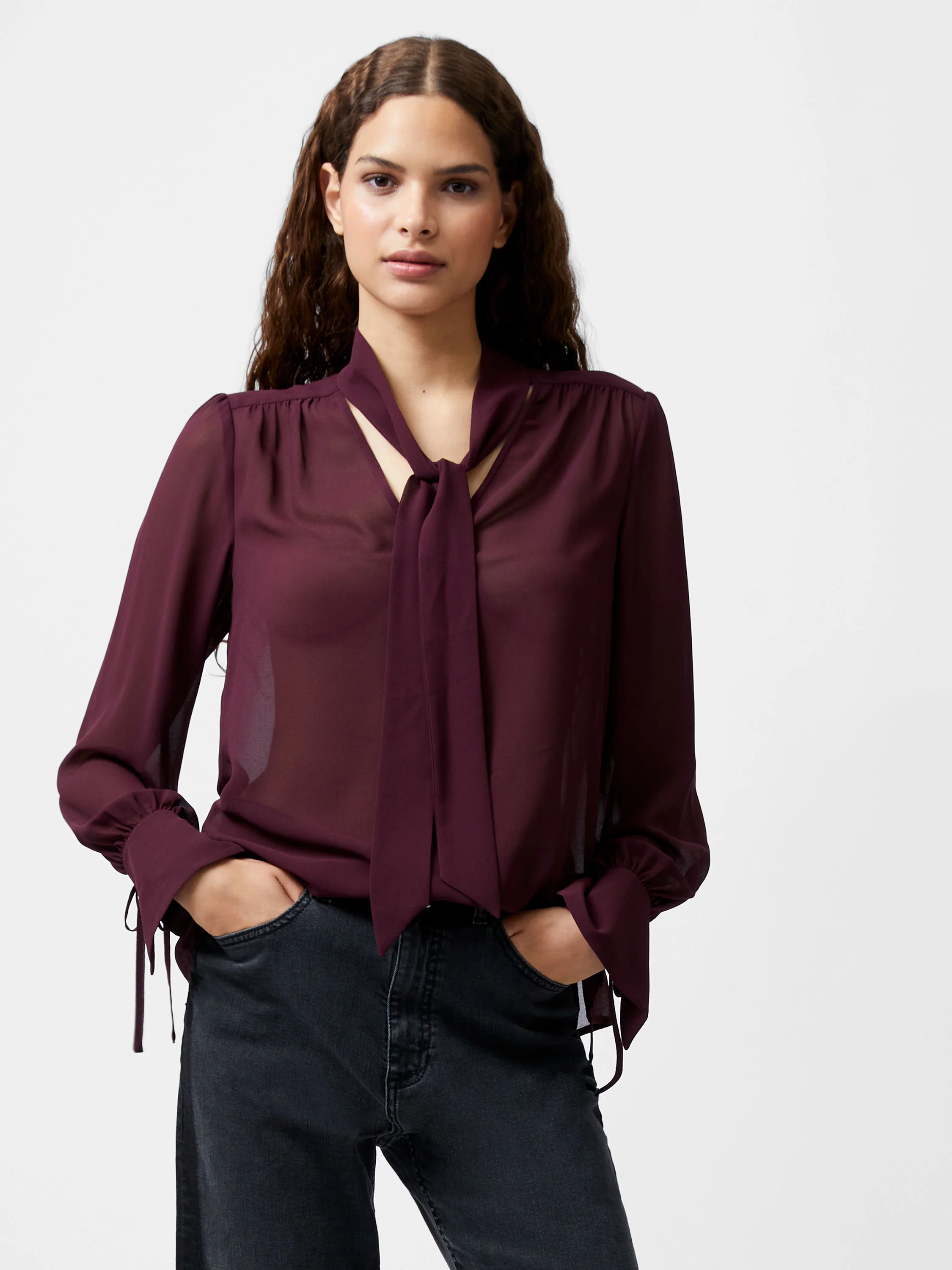 Georgette Long Sleeve Tie Neck Blouse
