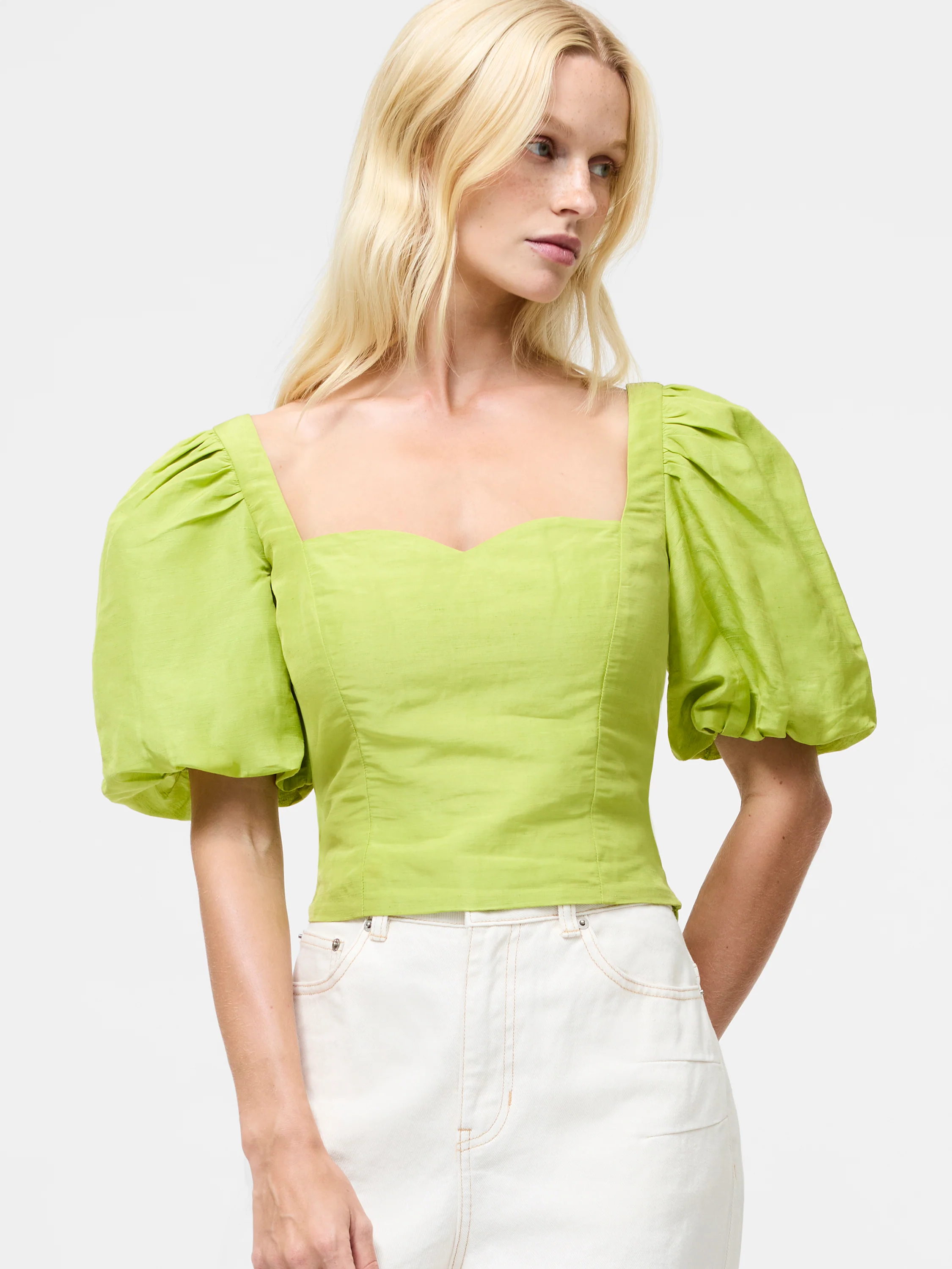 Islay Linen Puff Sleeve Cropped Top - Image 3