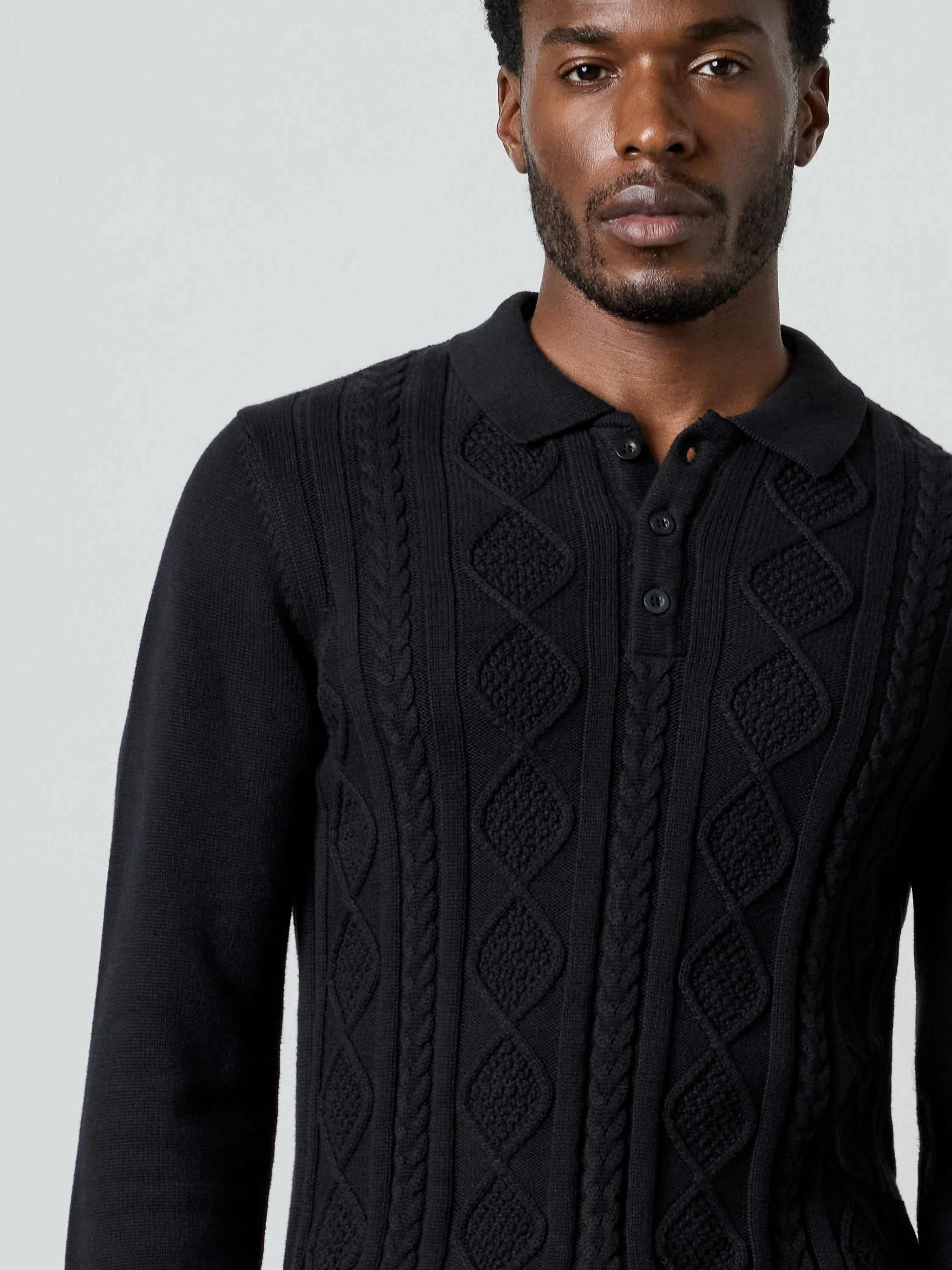 Long Sleeve Cable Knit Polo Jumper - Image 3