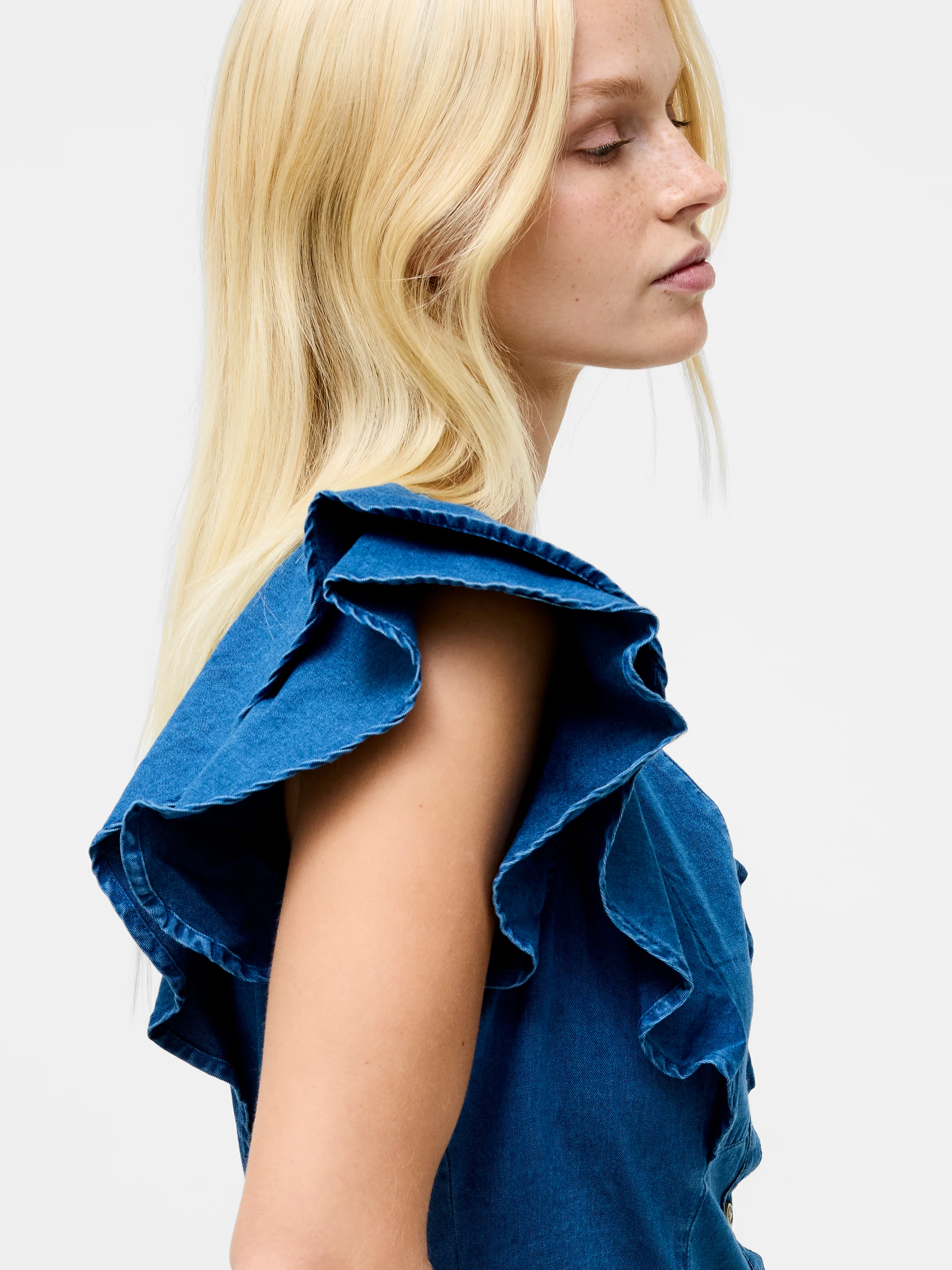 Ruffle Denim Chambray Dress - Image 3
