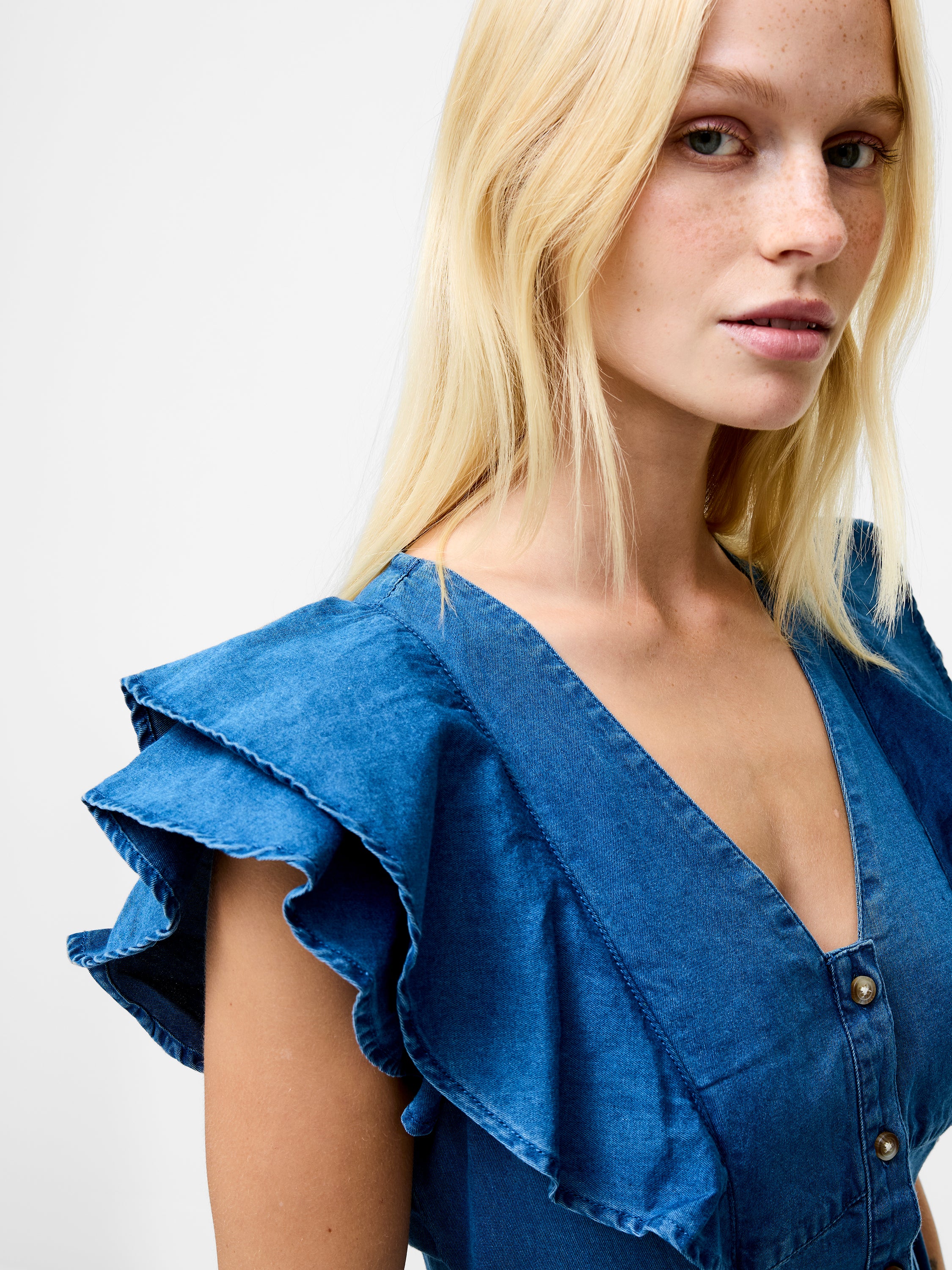 Ruffle Denim Chambray Dress - Image 4
