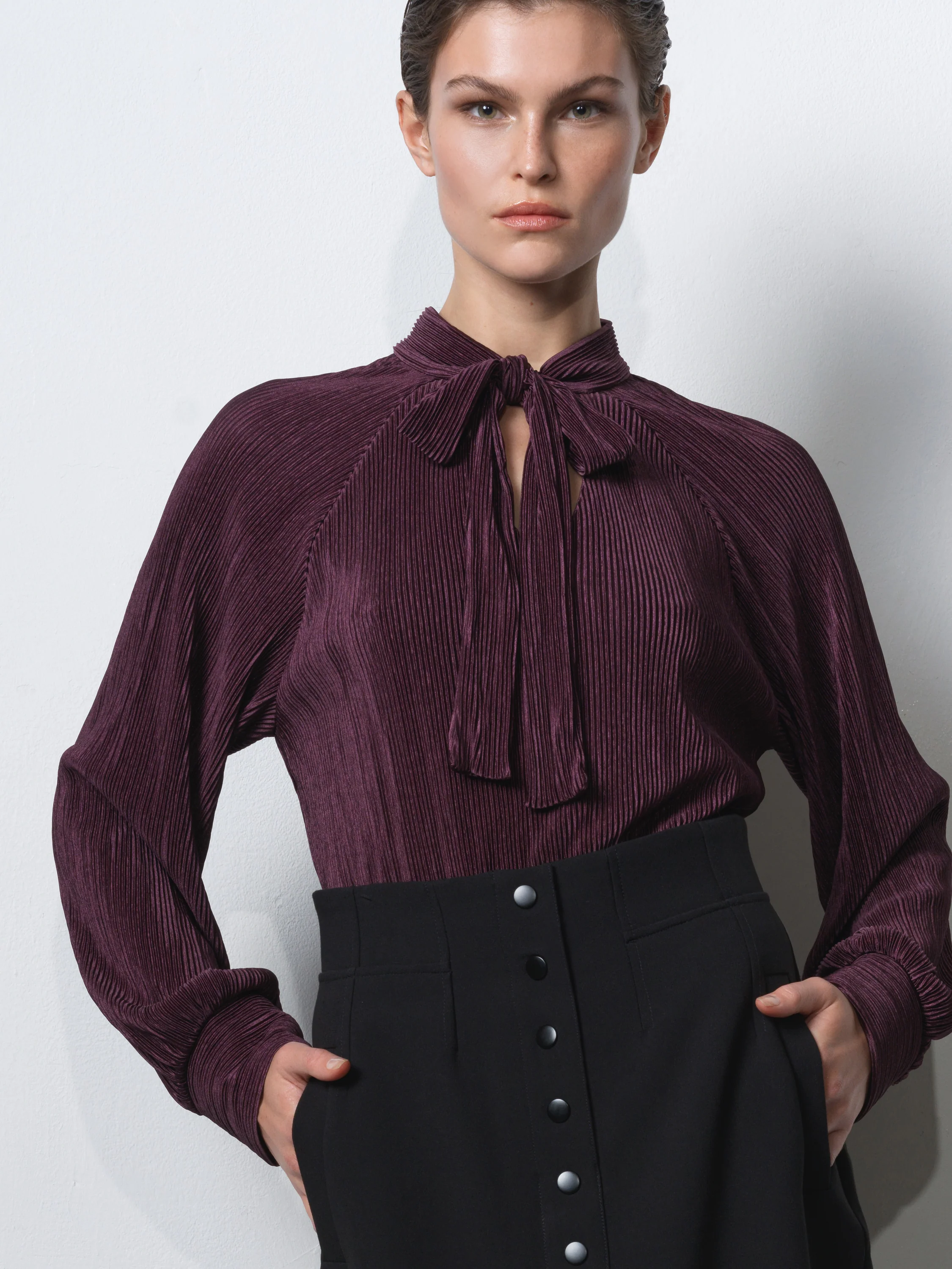 Rylah Plisse Long Sleeve Tie Neck Shirt - Image 3