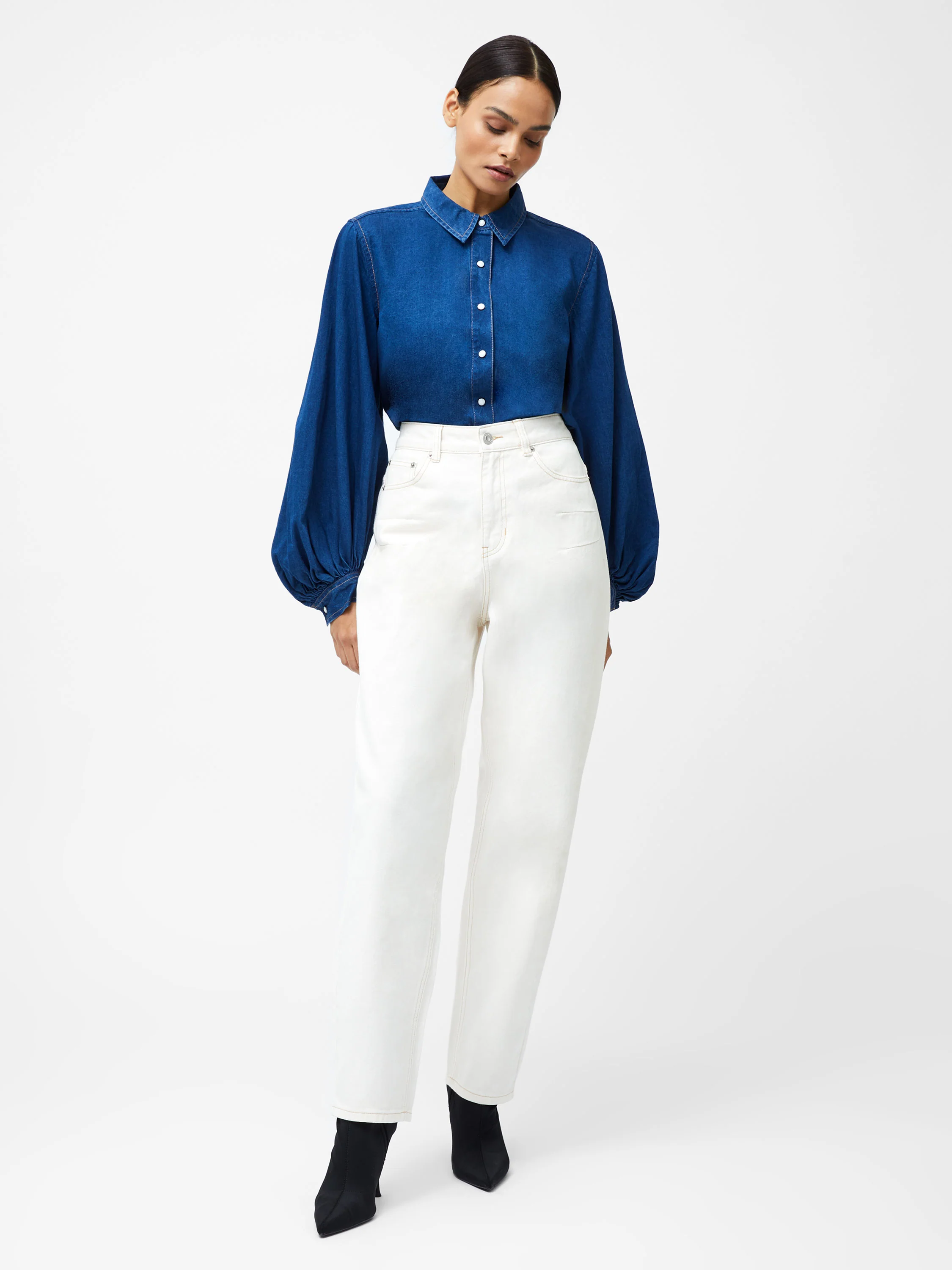 Zaves Chambray Denim Balloon Sleeve Shirt - Image 3