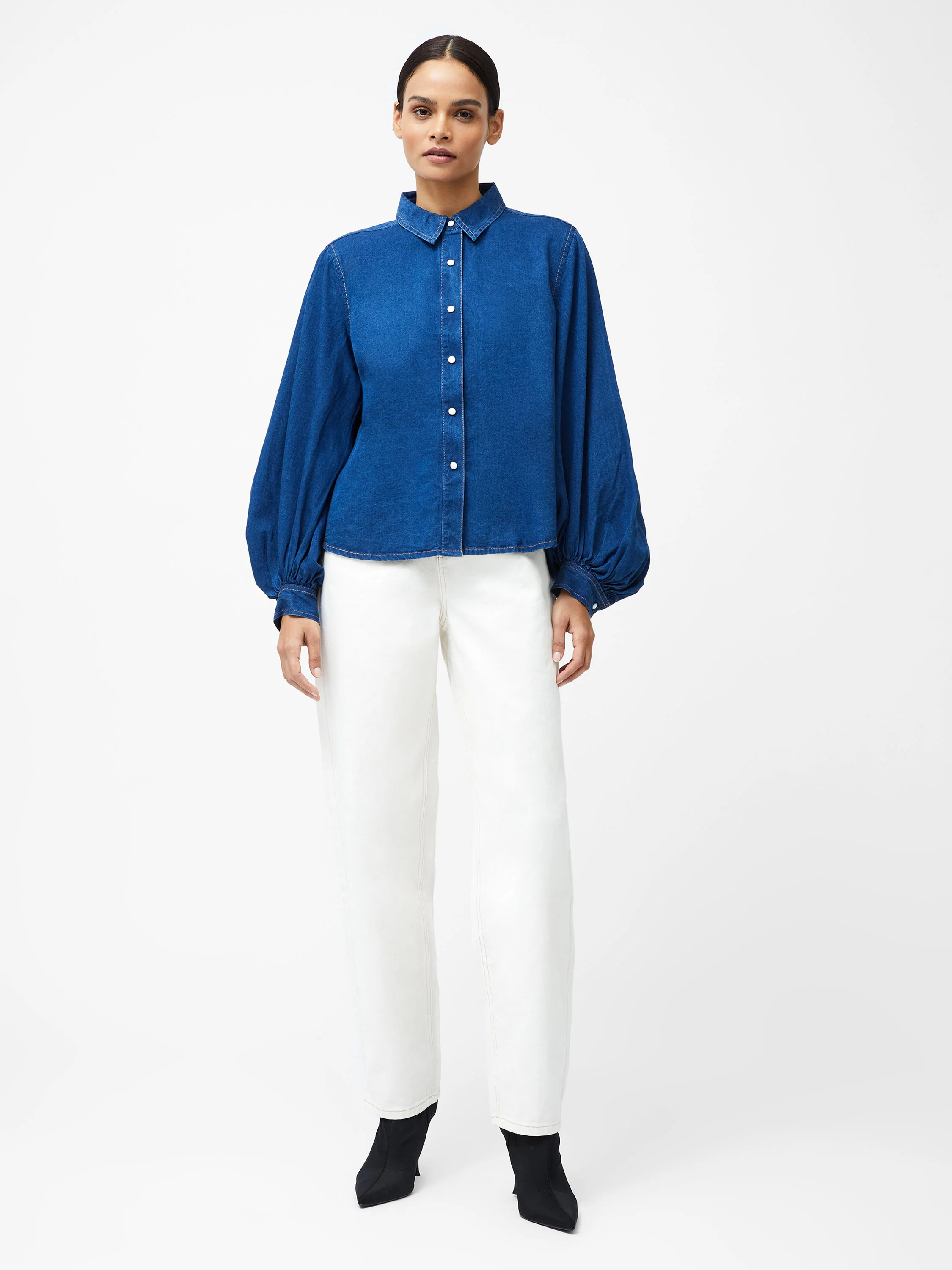 Zaves Chambray Denim Balloon Sleeve Shirt - Image 4