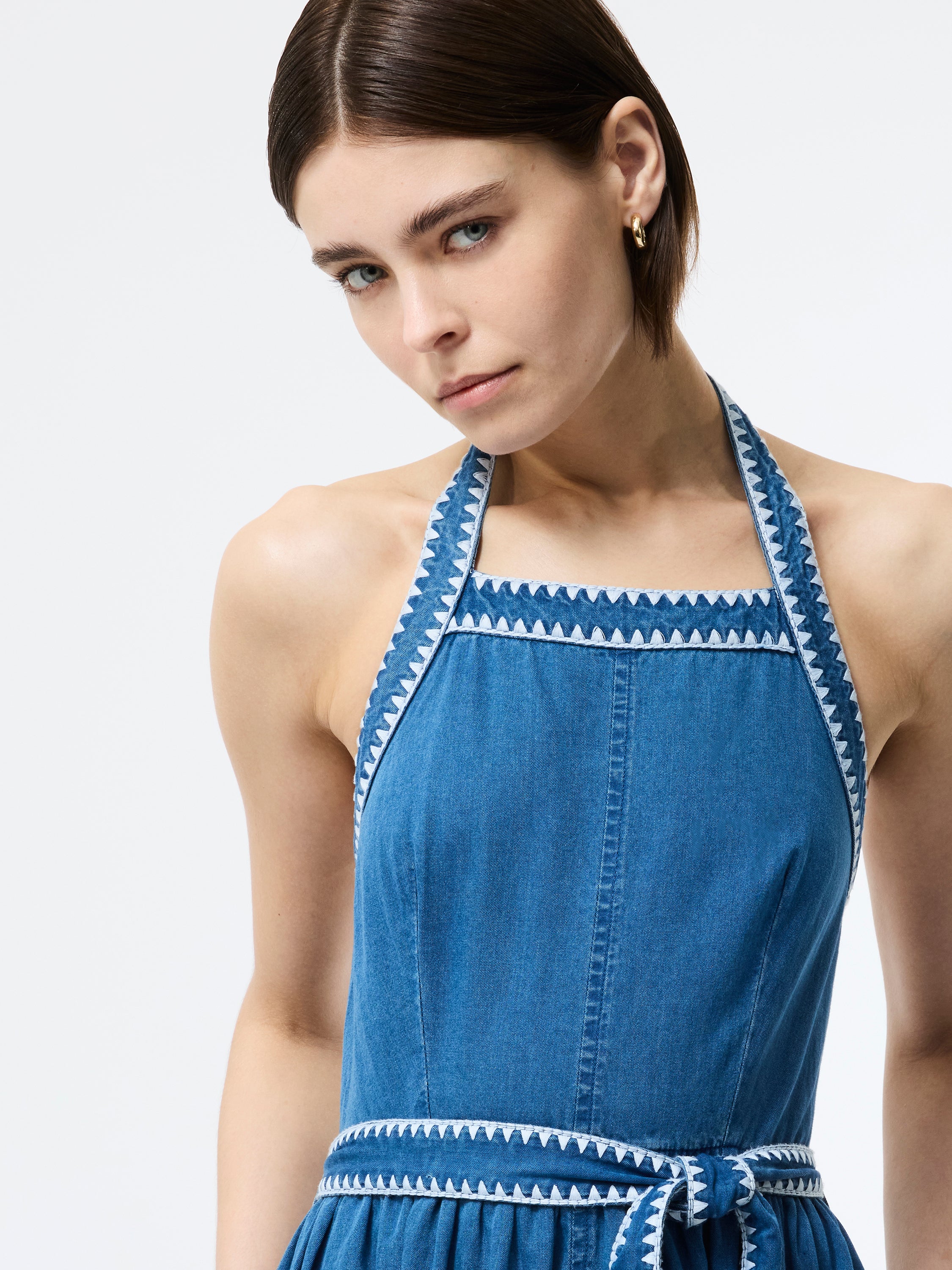 Zaves Chambray Denim Halterneck Midi Dress - Image 2