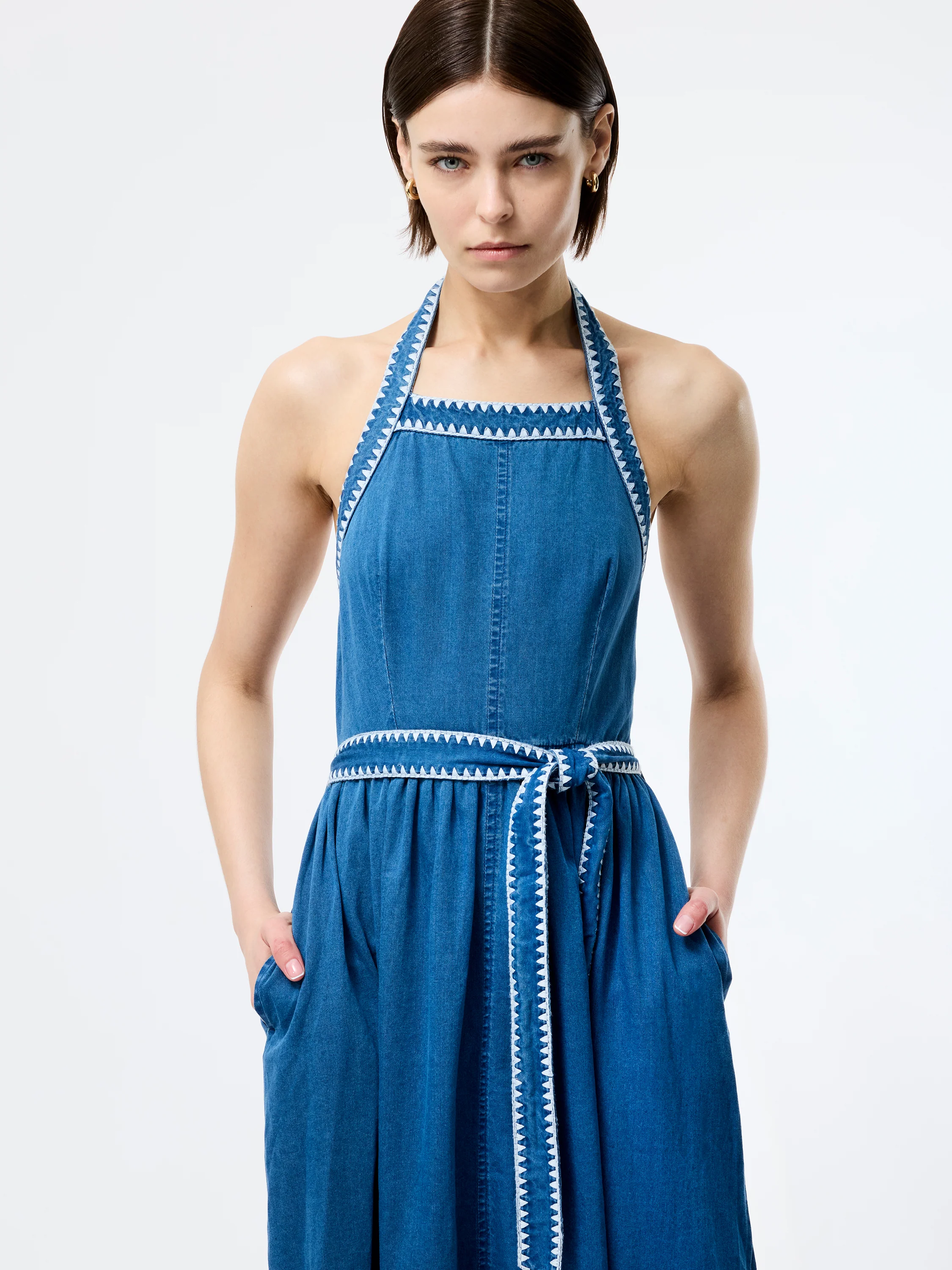Zaves Chambray Denim Halterneck Midi Dress - Image 3